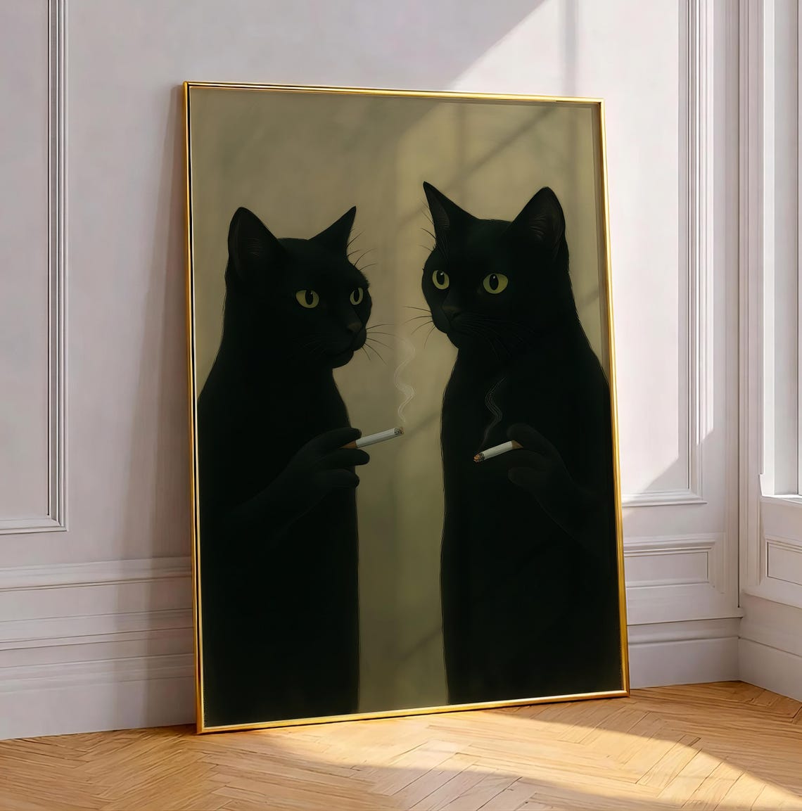 Black Cat Pair Smoking Cigarettes Vintage Humor Dark Feline Poster