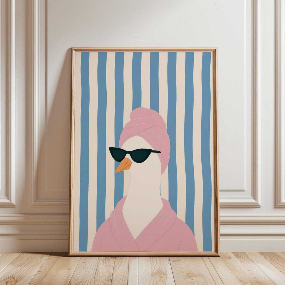 Goose Spa Day Pink Towel Sunglasses Funny Blue Striped Art Poster