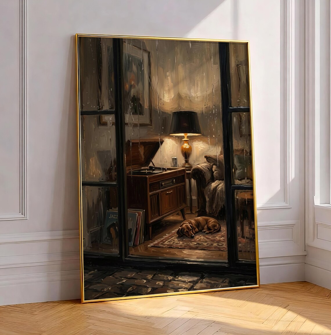 Dachshund Sleeping By Record Player Cozy Rainy Night Oil Painting Poster