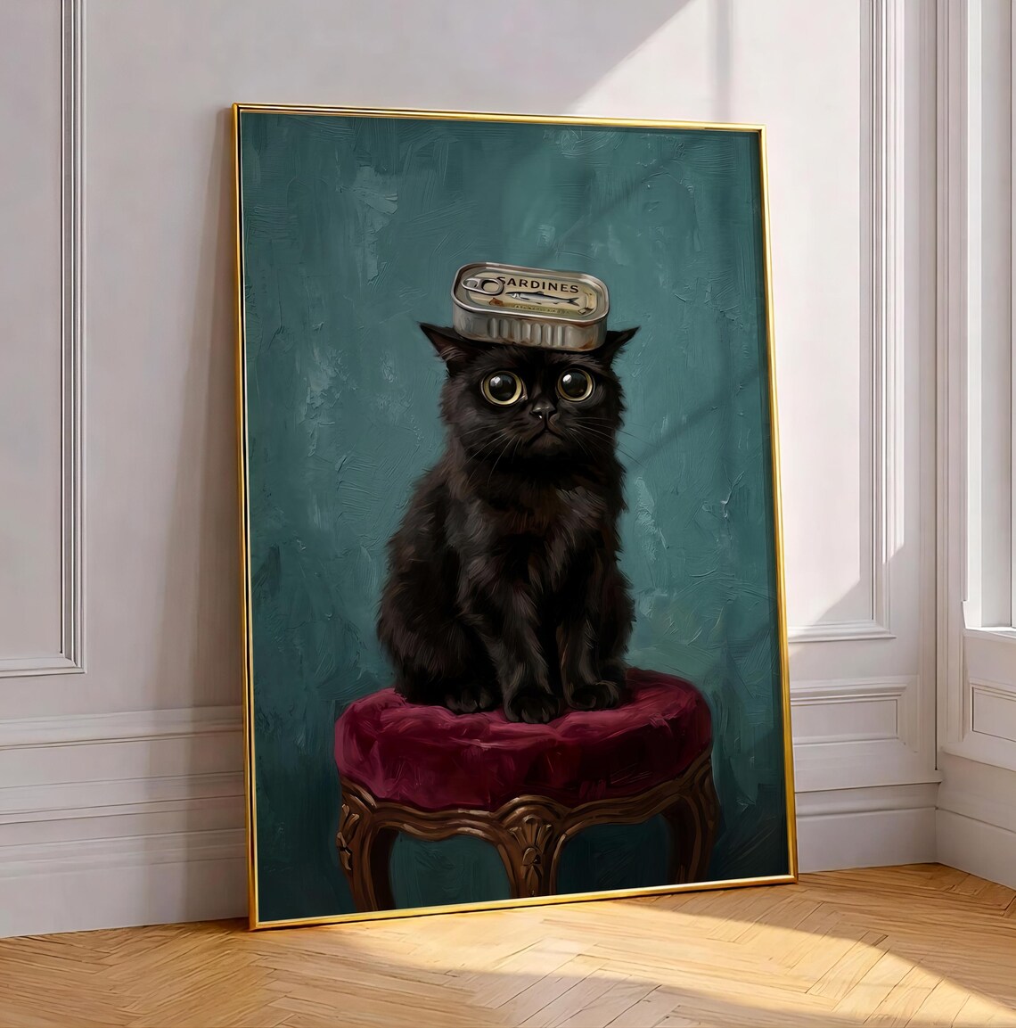 Moody Black Cat with Sardine Can Poster Vintage Velvet Stool Oil Painting