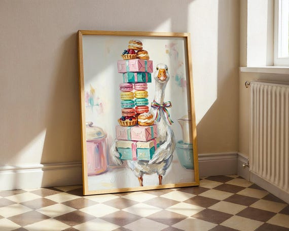 Whimsical Goose Baking Print Cottagecore Kitchen Decor Cute Baker Poster Macaron Bakery Art Pastel Food Paint Digital Download