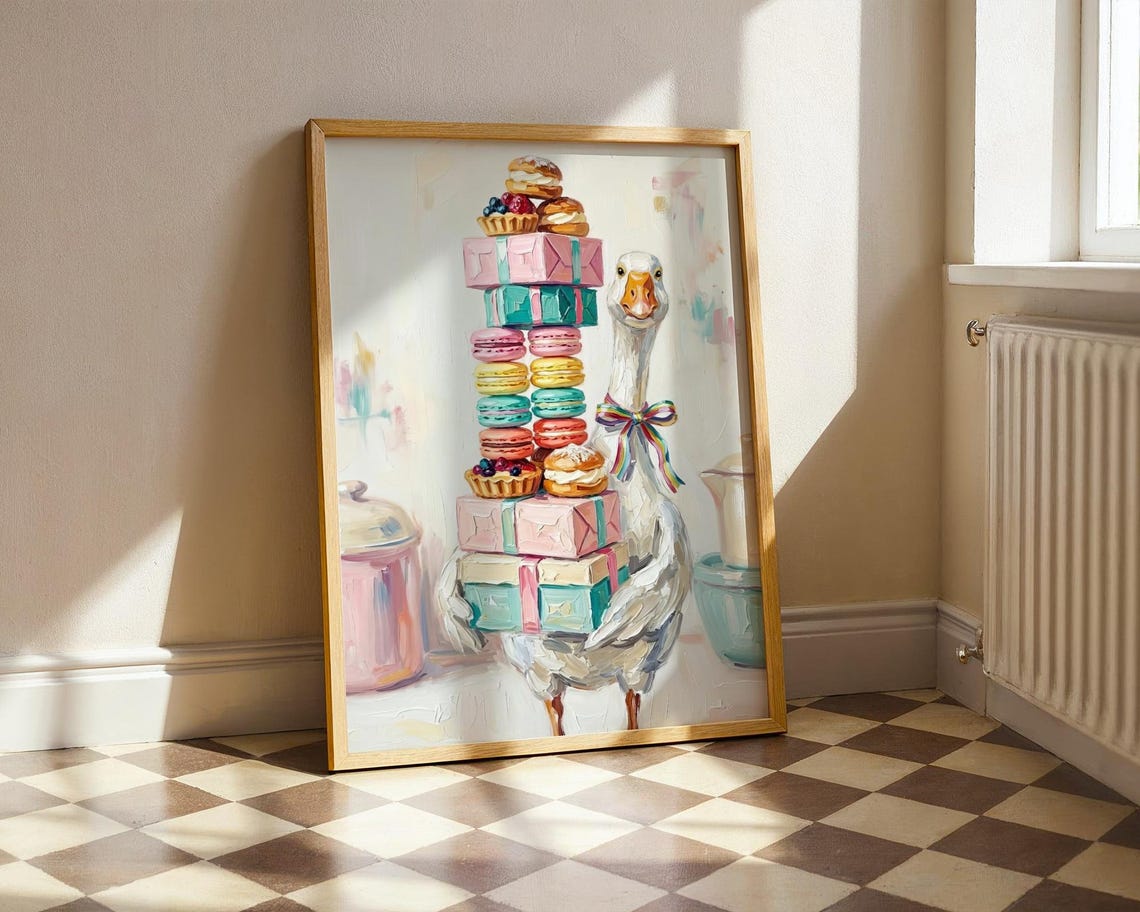 Goose Holding Pastry Tower Poster Whimsical Bakery Animal Artwork