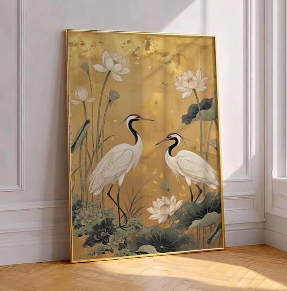 Japanese Heron Wall Art Golden Lotus Flower Print Gold Leaf Bird Decor Elegant Japandi Nature Poster Zen Foil Style Oriental Paint