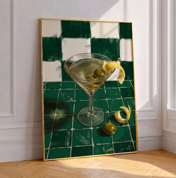 Dirty Martini Cocktail Olives Lemon Twist Emerald Bar Poster