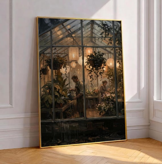 Rainy Greenhouse Window Print Moody Botanical Cottagecore Decor Cozy Garden Landscape Poster Vintage Nature Printable Digital Download