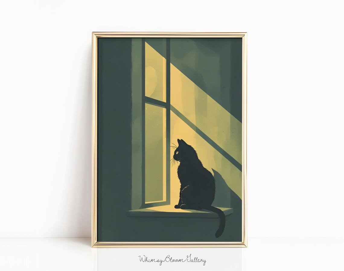 Black Cat Silhouette Window Poster Emerald Green Moody Feline Art