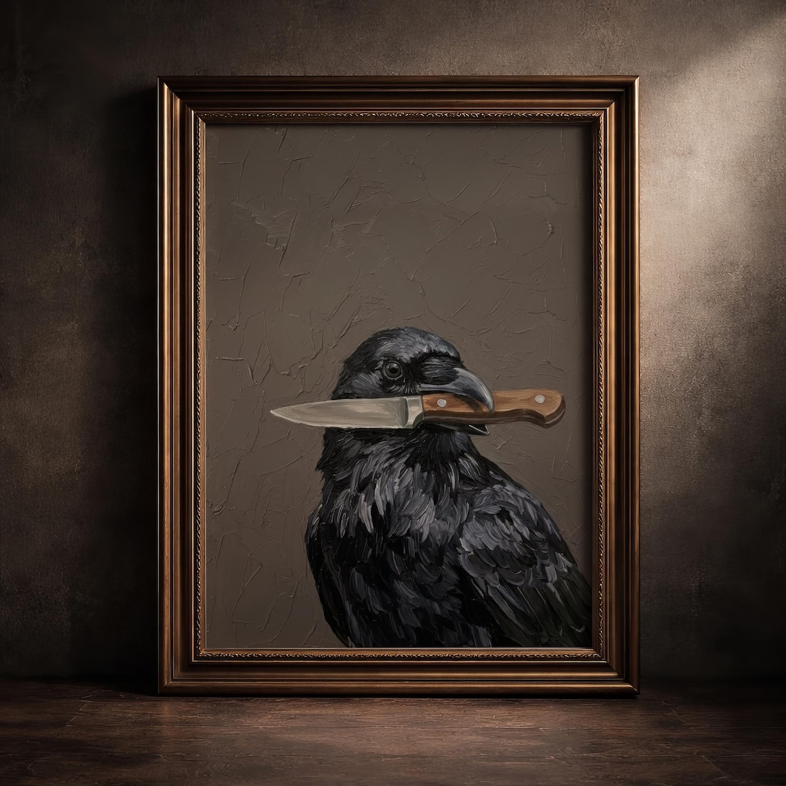 Crow With Knife Dark Moody Gothic Bird Oil Painting Dark Academia Print