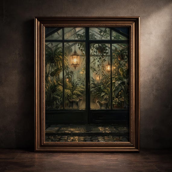 Moonlit Greenhouse Cats Wall Art Print Cozy Cottagecore Botanical Decor Rainy Window Night Garden Poster Printable Digital Download