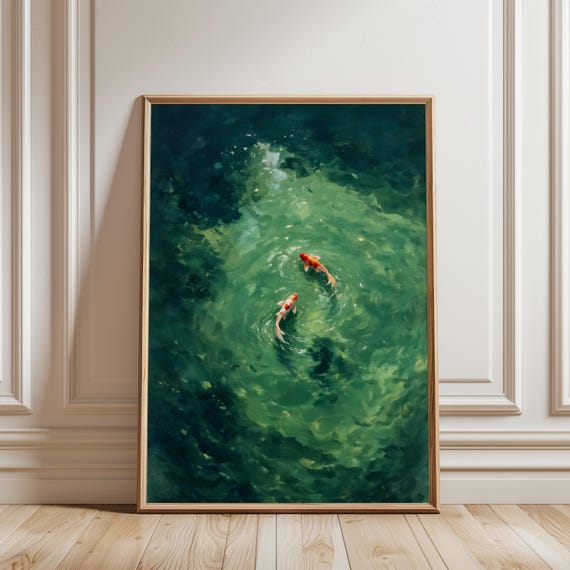 Koi Fish In Swimming Green Abstract Print Minimalist Japanese Animal Poster Vintage Retro Ocean Oil Painting Asian Tranquil Water
