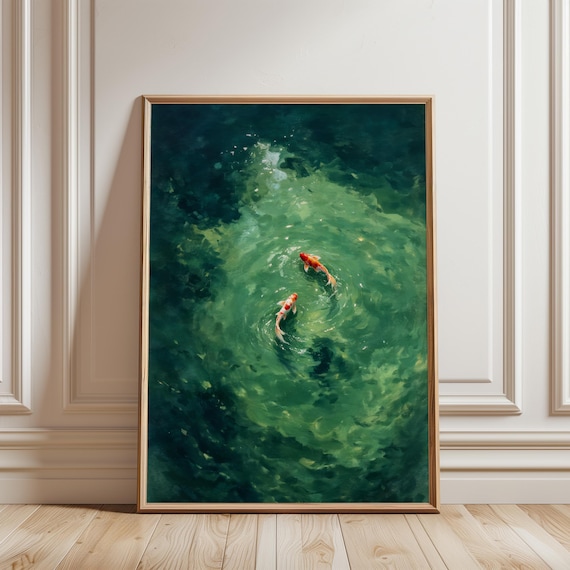 Koi Fish Swimming Green Water Minimalist Japanese Pond Poster