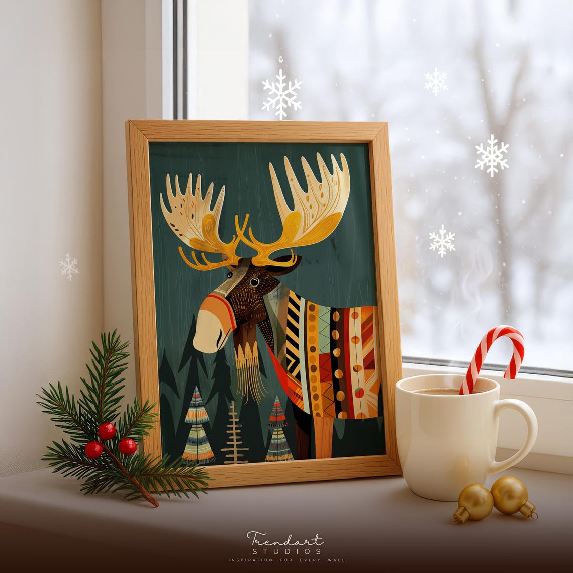 Golden Antler Moose Scandinavian Folk Christmas Cabin Art Poster