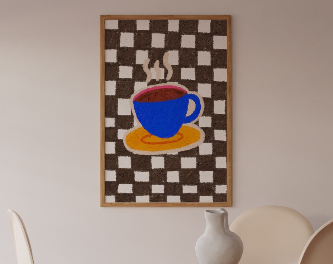 Blue Coffee Cup Checkerboard Retro Cafe Kitchen Decor Art Poster