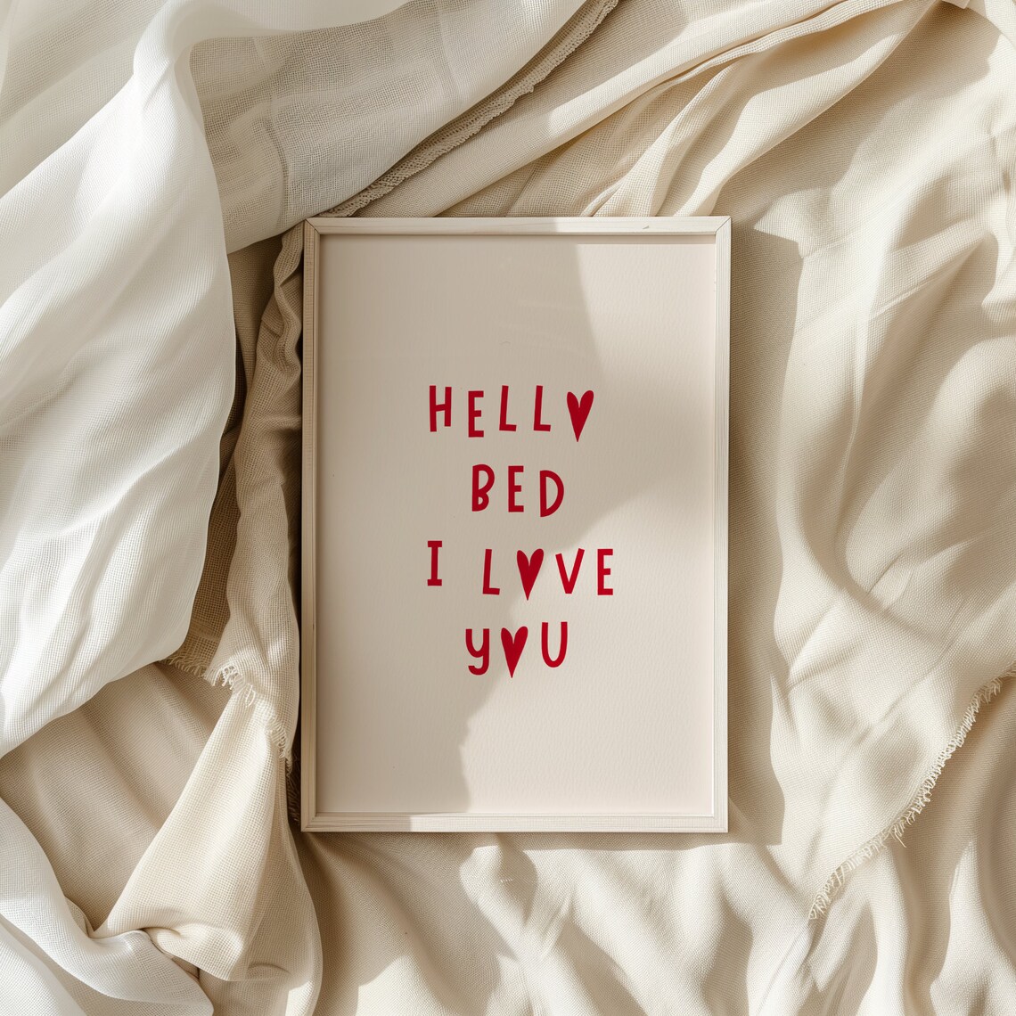 Hello Bed I Love You Red Heart Typography Bedroom Quote Poster - Image 2