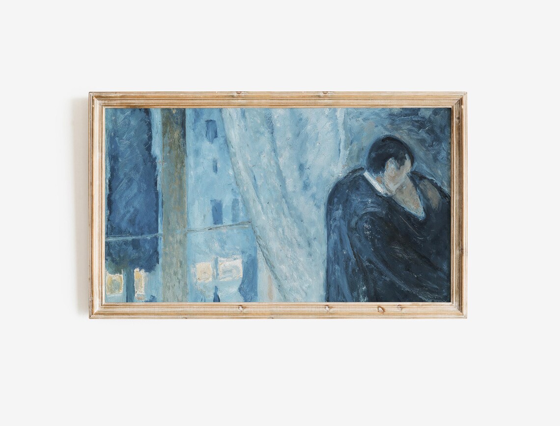 Blue Embrace Couple Moody Vintage Romantic Kiss Art Home Poster - Image 2