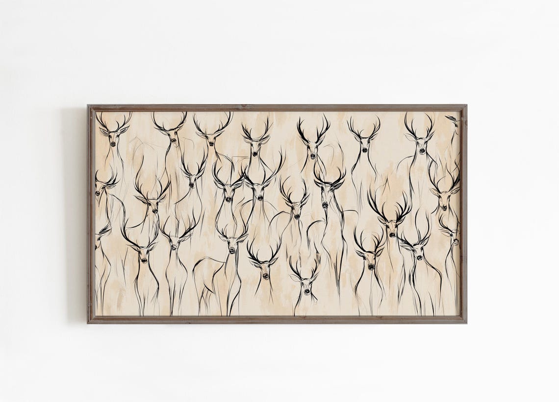 Frame TV Art Reindeer Deer Heads Line Sketch Beige Winter Poster - Image 4