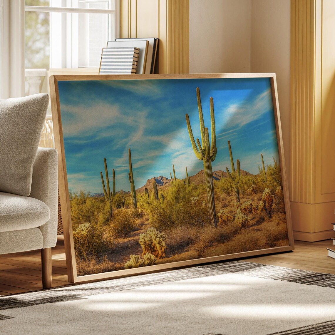 Saguaro Cacti Desert Golden Hour Vivid Blue Sky Southwest Scene Poster