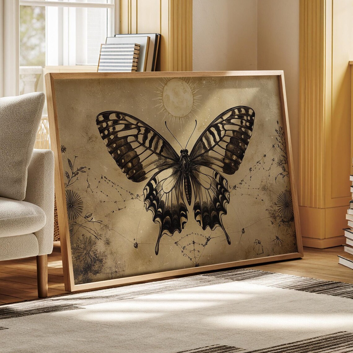Vintage Sepia Swallowtail Butterfly Celestial Sun Astrology Art Poster