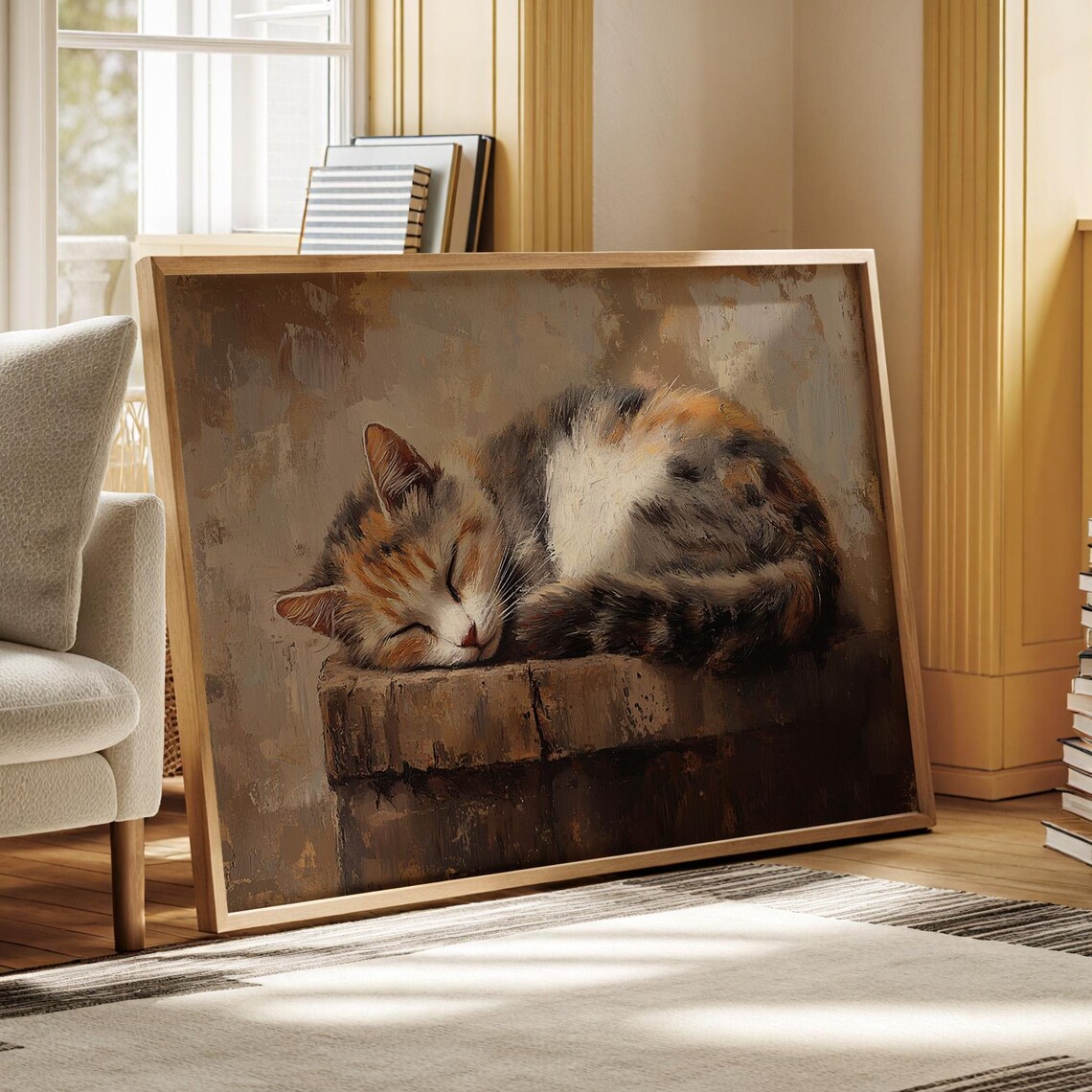 Cozy Calico Cat Sleeping Rustic Pet Art Print - Image 5