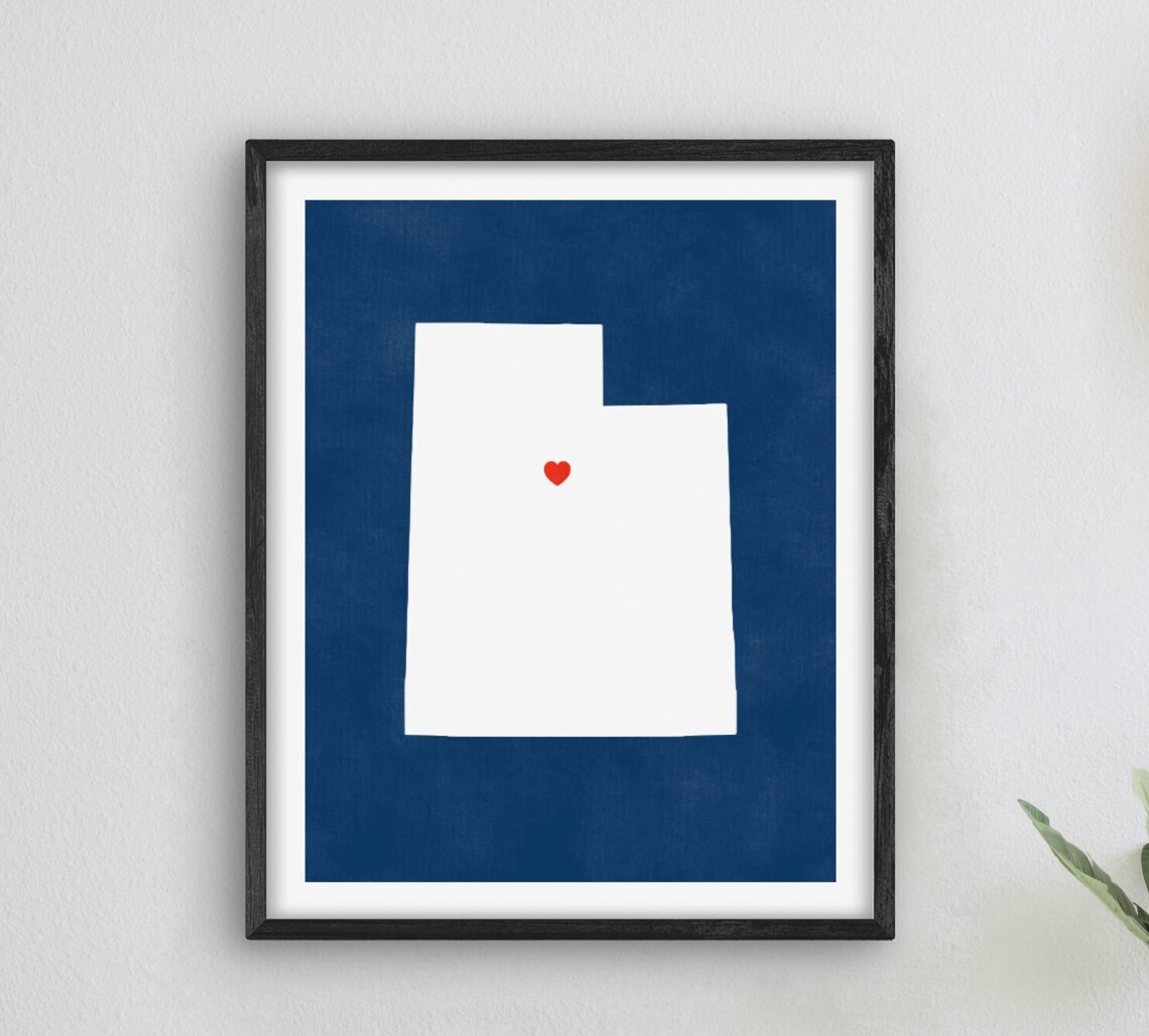 Utah State Map with Red Heart on Navy Blue Minimalist Travel Art Poster