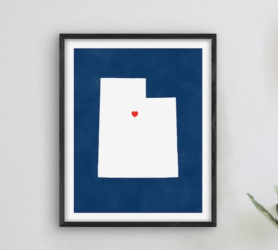 Utah State Map with Red Heart on Navy Blue Minimalist Travel Art Poster