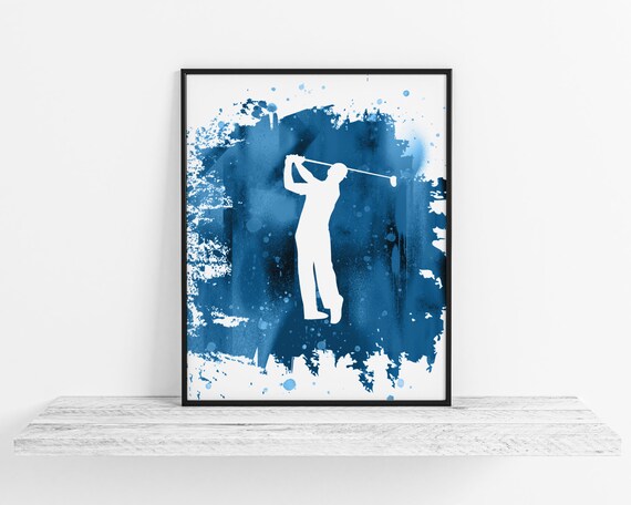 Blue Splash Golfer Swing Silhouette Watercolor Sports Wall Poster