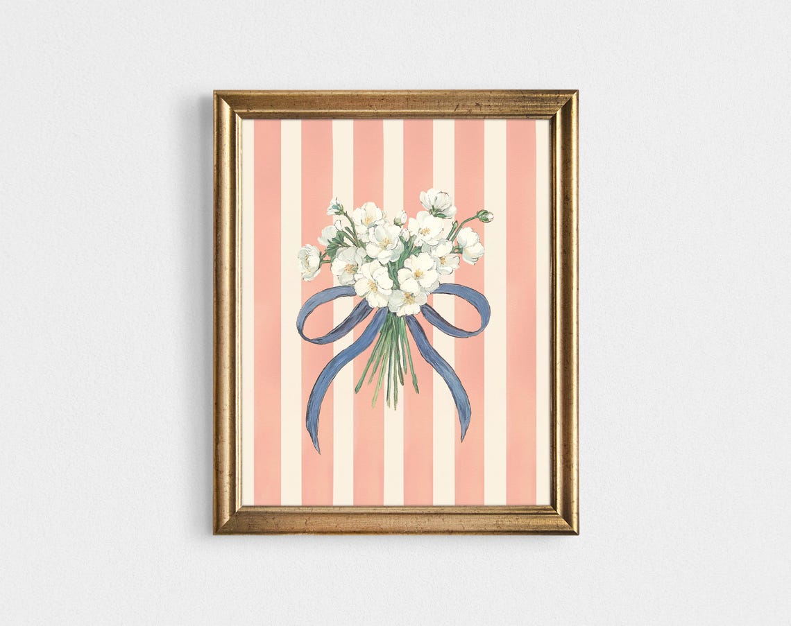 White Flower Bouquet Blue Bow Pink Striped Coquette Floral Wall Art - Image 2