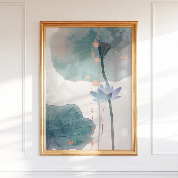 Blue Zen Wall Art Minimalist Botanical Ink Painting Asianinspired For Tranquil Room Or Meditation Space