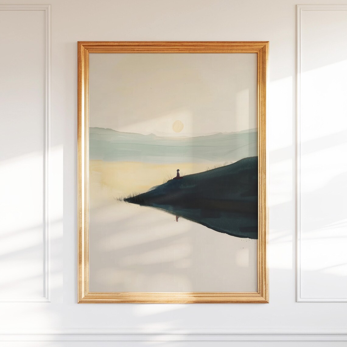 Zen Misty Lake Moonlight Figure Minimalist Painting Wall Art