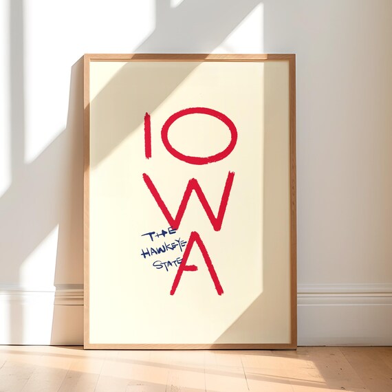 Iowa The Hawkeye State Bold Red Hand Lettered Typography Poster