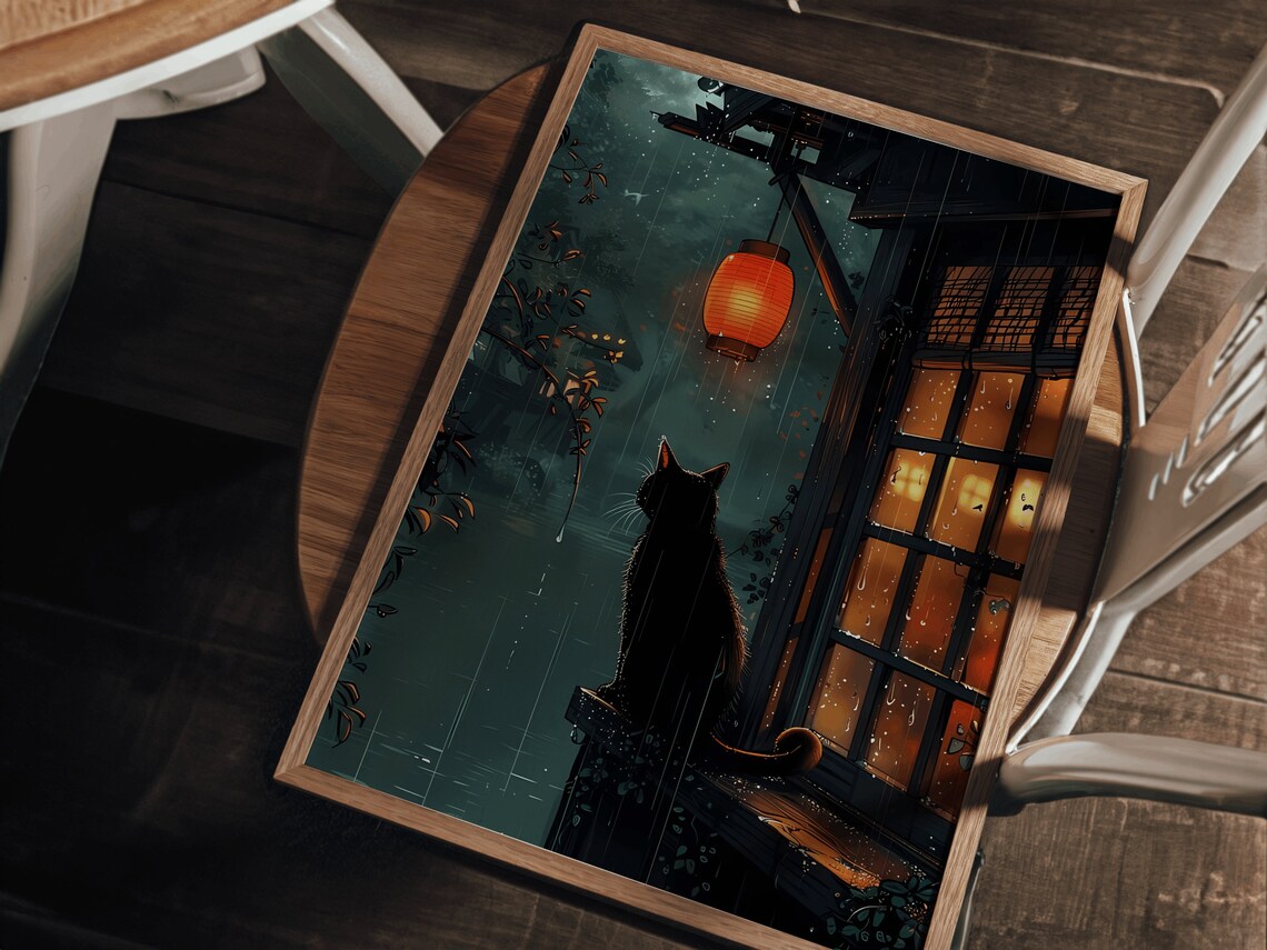 Black Cat Rain Anime Japanese Glowing Lantern Porch Night Poster - Image 2
