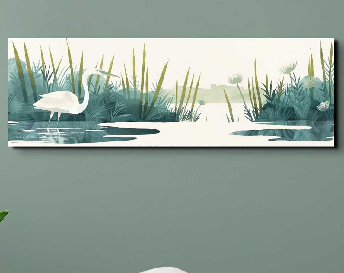 White Egret Wading In Marsh Watercolor Reeds Panoramic Wall Art