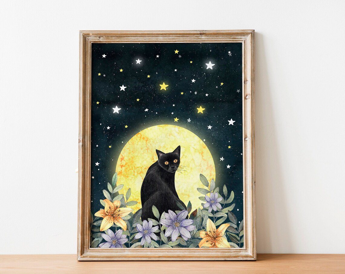 Black Cat Mystic Print, Moon Artwork Poster