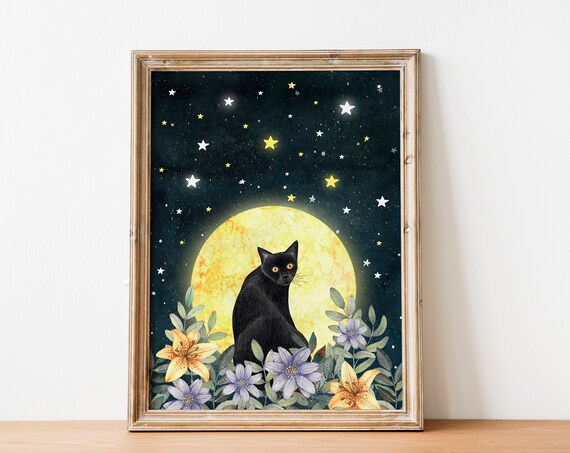 Black Cat Mystic Print, Moon Artwork Poster