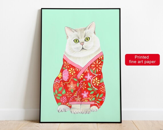 White Cat in Red Floral Kimono Mint Green Japanese Art Poster