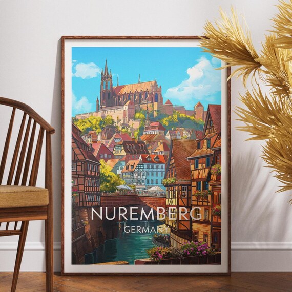 Nuremberg Germany Old Town Cathedral Colorful Vintage Travel Poster