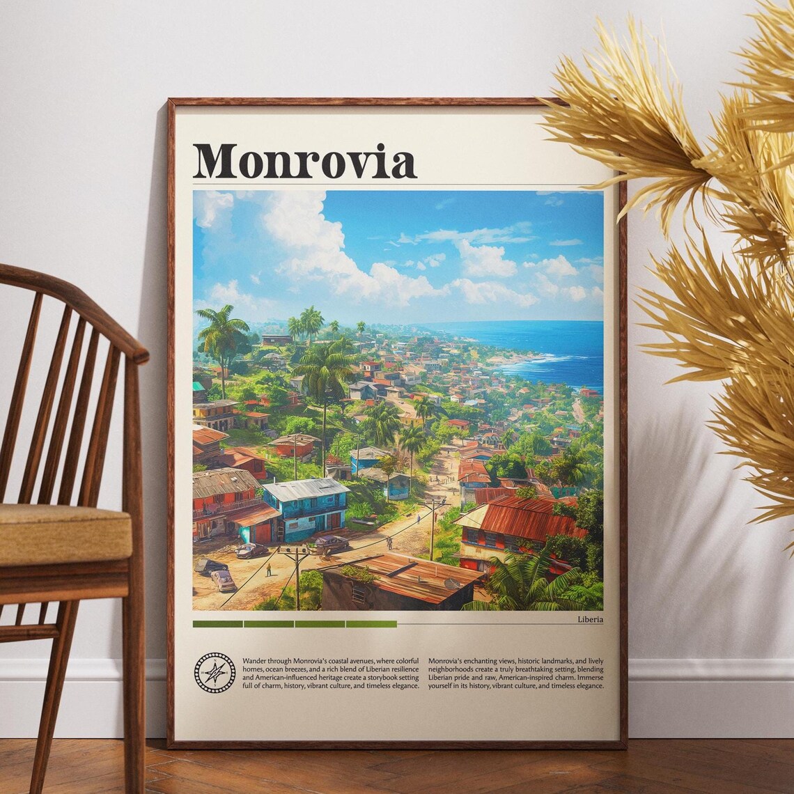 Monrovia Liberia Colorful Coastal City Hillside Homes Travel Poster