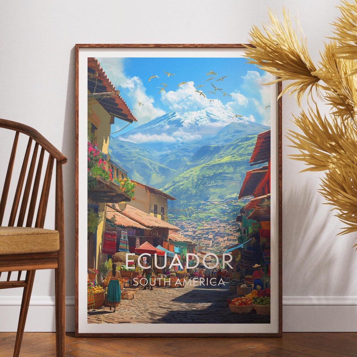Ecuador Andean Valley Market Town Beneath a Snowy Volcano Poster