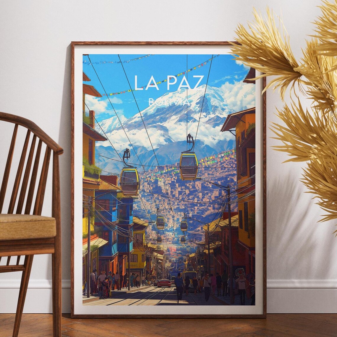 La Paz Bolivia Cable Cars Snowy Andes Peak City Travel Poster