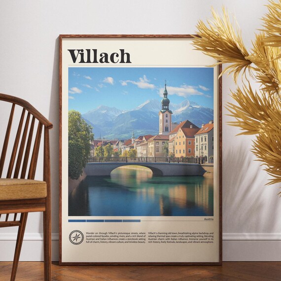 Villach Austria Riverside Bridge Old Town Church Scenic Travel Poster