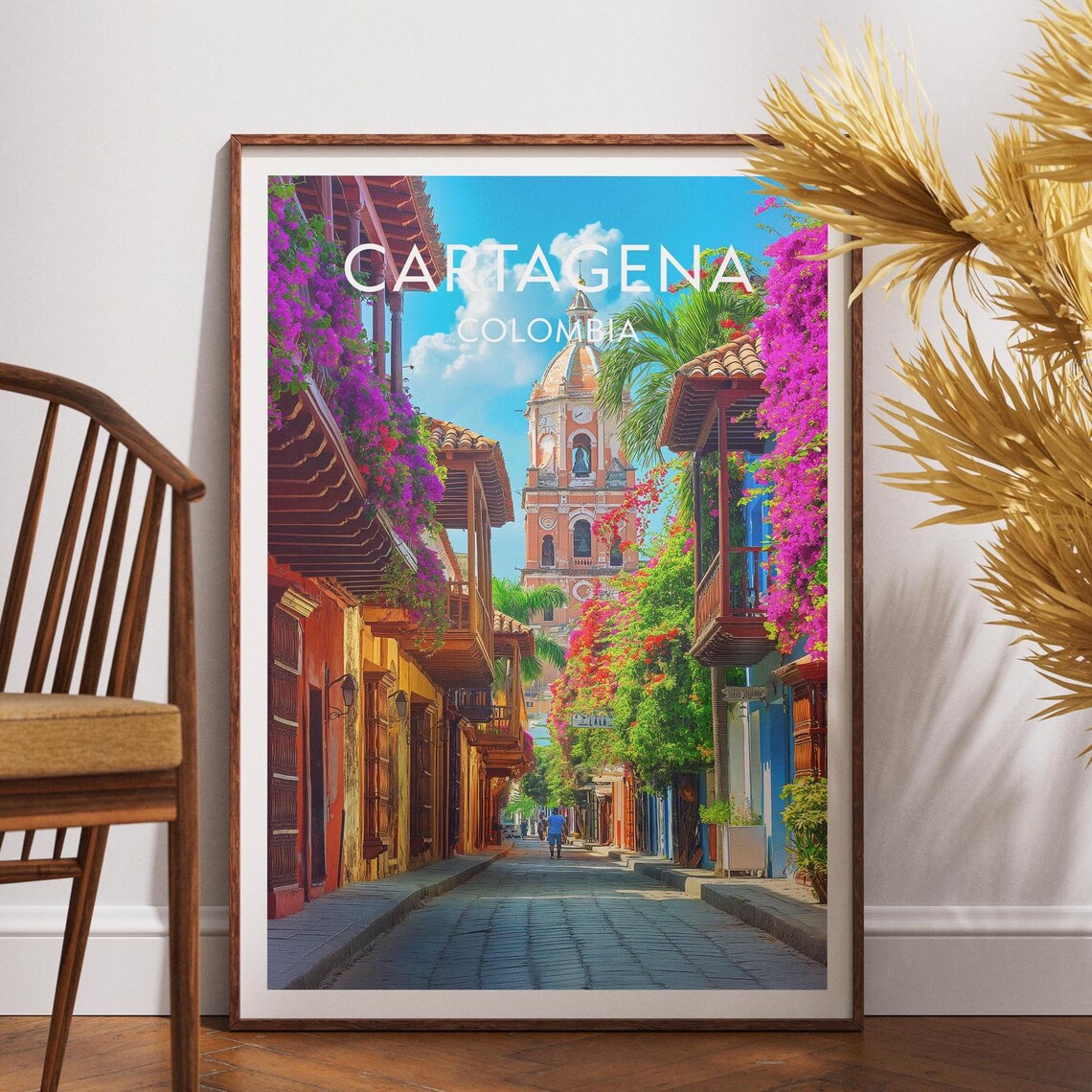 Cartagena Colombia Historic Street and Church Tower Travel Poster