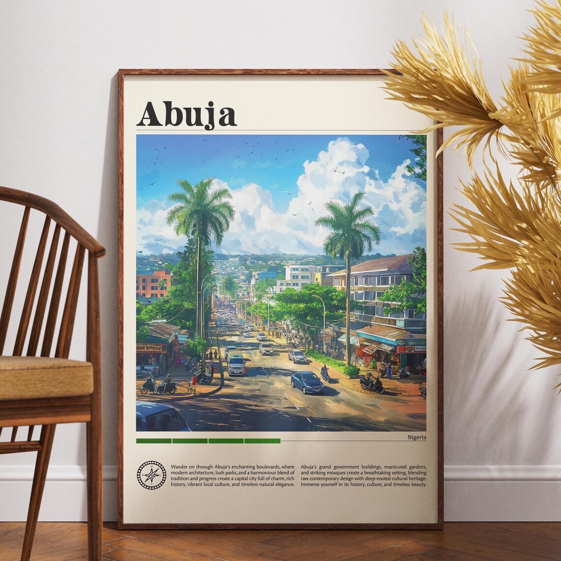 Abuja Nigeria Travel Poster Vibrant Palm Lined Street Cityscape