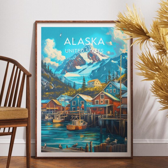 Alaska Fishing Harbor Boats Glacier Peak Vintage Travel Poster