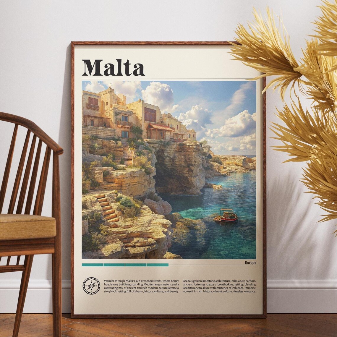 Malta Cliffside Village Turquoise Bay Newspaper Vintage Travel Poster