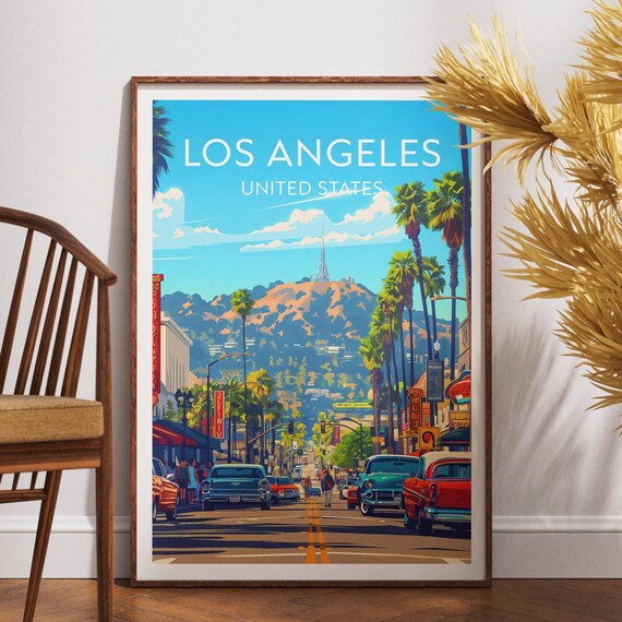 Los Angeles Hollywood Hills Palm Trees Retro Vintage Travel Print