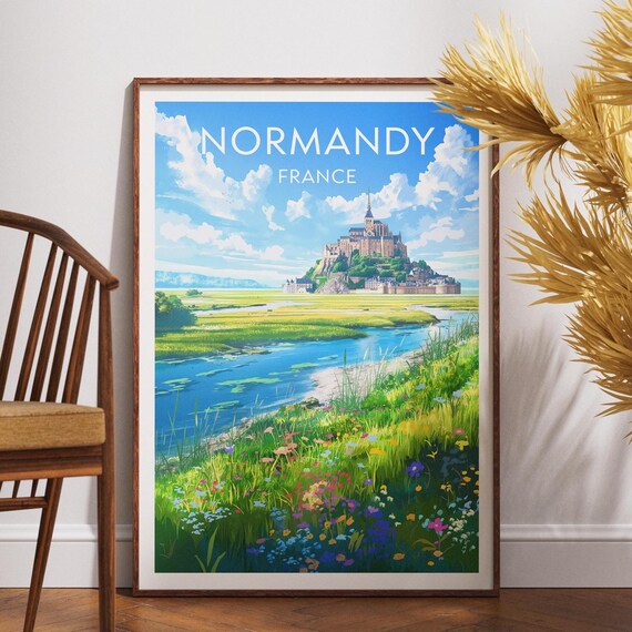 Normandy France Mont Saint Michel Meadow Abbey Travel Poster