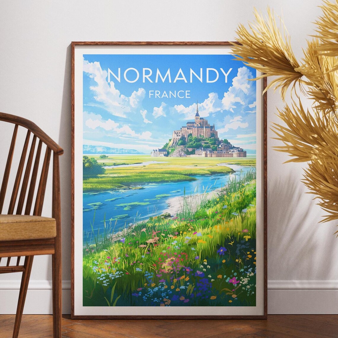 Normandy France Mont Saint Michel Meadow Abbey Travel Poster
