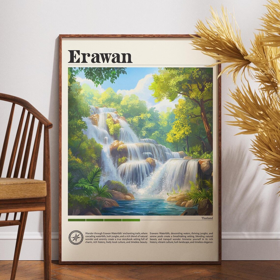 Erawan Thailand Tiered Waterfall Cascades Lush Forest Retro Travel Poster