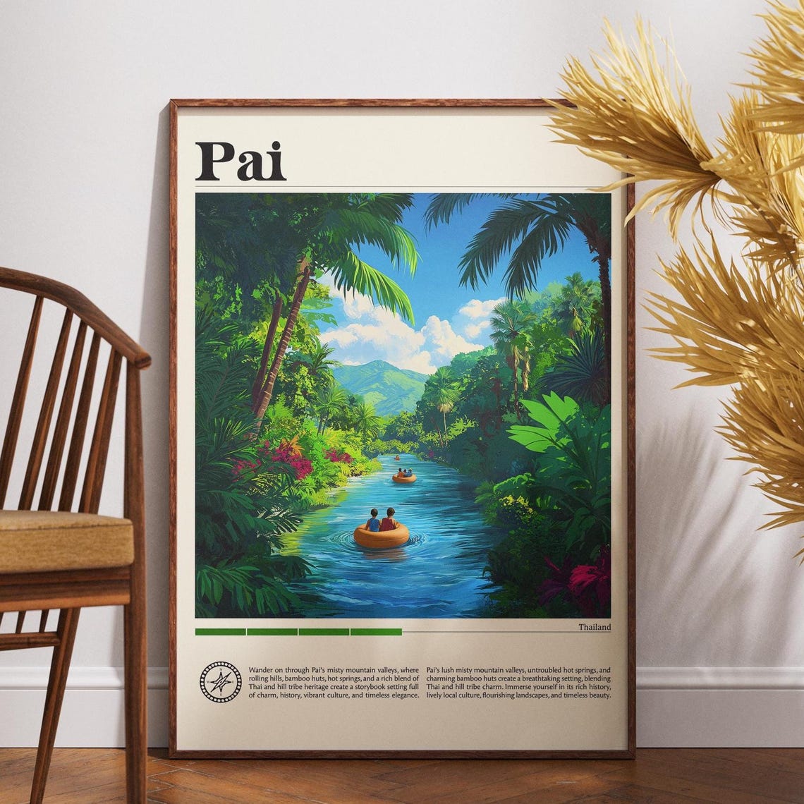 Pai Thailand Travel Poster Jungle River Tubing Adventure Mountain View