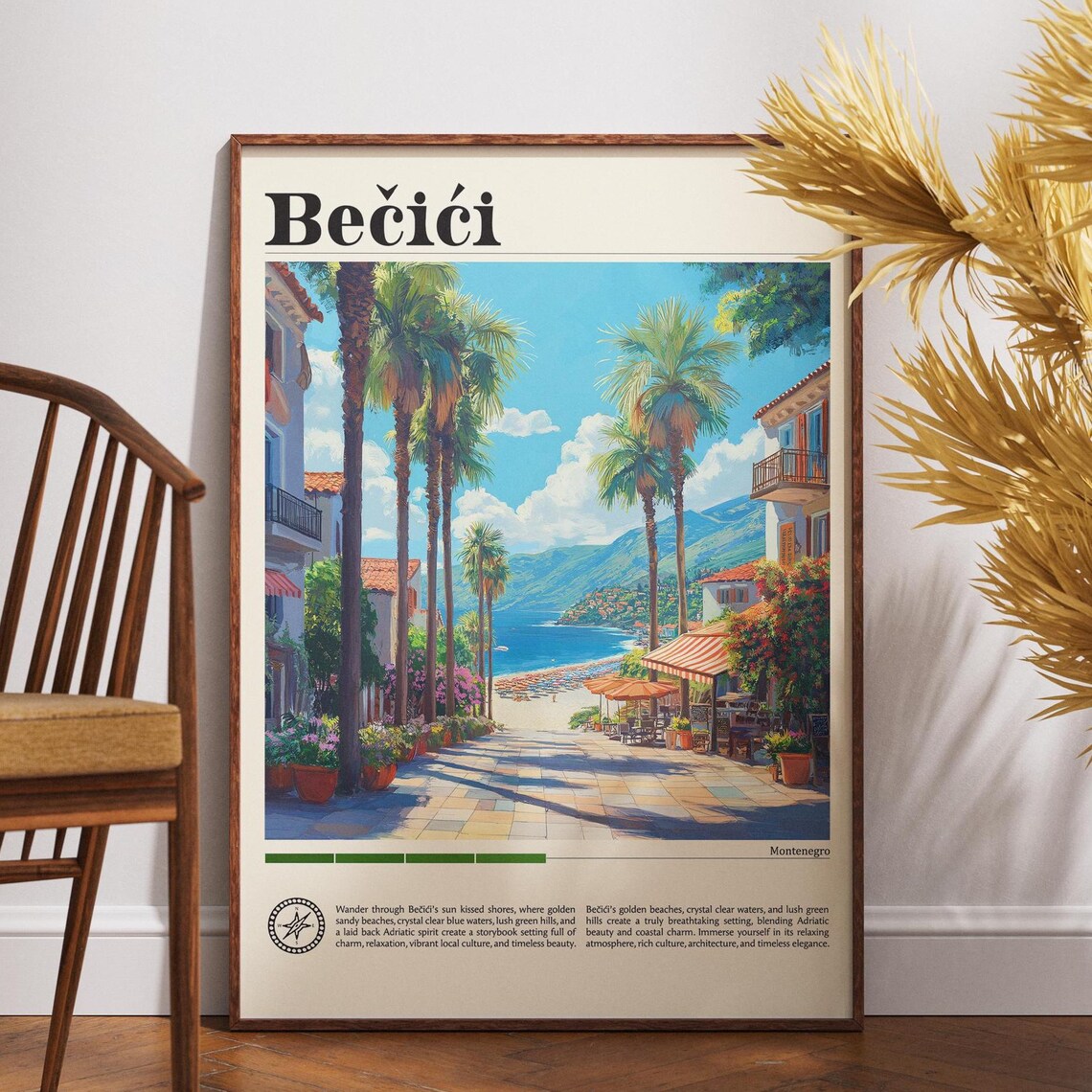 Becici Montenegro Palm Street Beach Promenade Coast Travel Poster