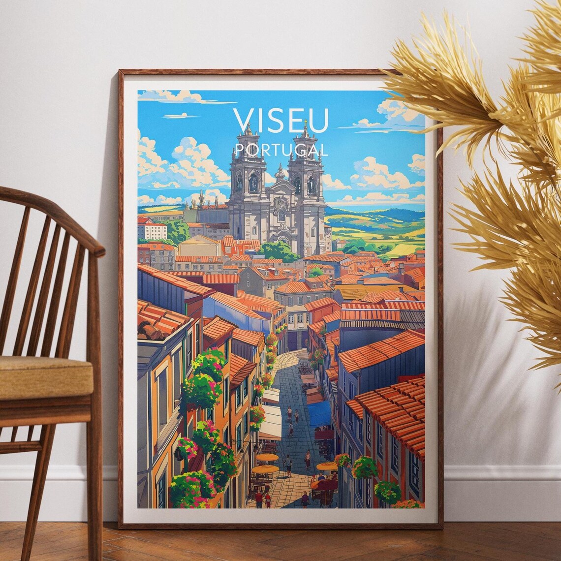 Viseu Portugal Cathedral Cityscape Vintage Travel Poster Art Style